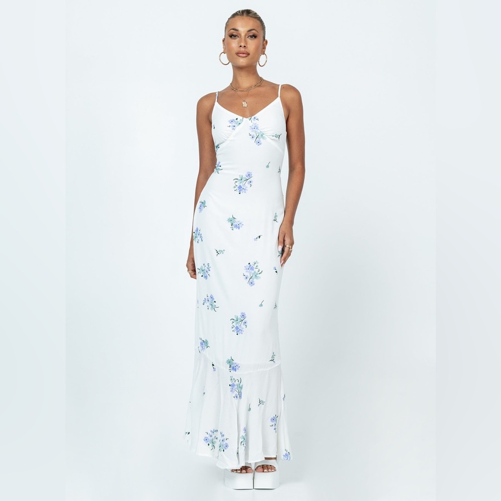 Princess Polly Sing Along Maxi Dress White/Blue Floral Sz 2